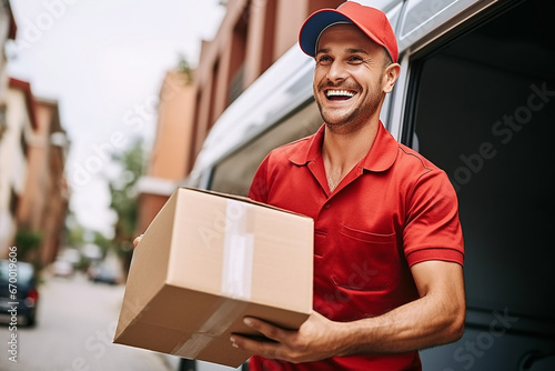 Mid adult courier in uniform carrying cardboard box, looking up, Smiling delivery man unloading truck, Portrait of Shipment service, postal worker holding customer order photo