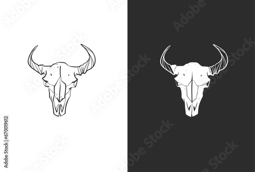 Hand drawn vector abstract graphic line art collection of mystical and esoteric bull and cow animal skull ,isolated on white background.Skull bull Vector sketch line illustration and silhouette.