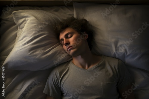 Man suffering from insomnia on bed pillow at home. Person face trouble privation. Generate Ai