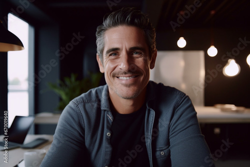 Middle aged white male creative sitting in an office smiling to camera, head and shoulders, close up