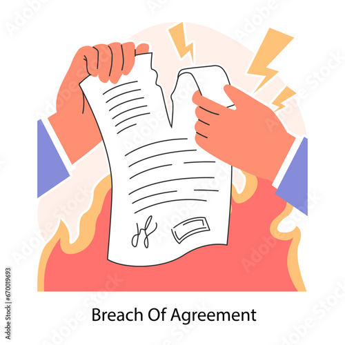 Breach of contract. Business deal or agreement. Business partners interests and obligations. Paper terms and conditions. Flat vector illustration