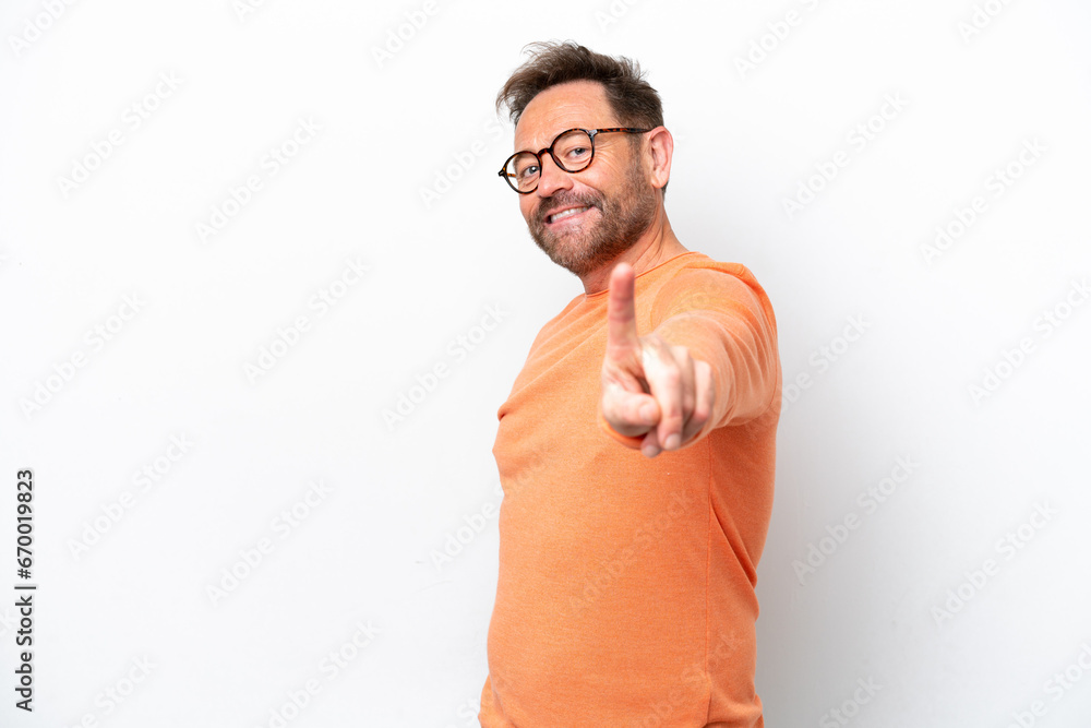 Middle age caucasian man isolated on white background showing and lifting a finger Middle age caucasian man isolated on white background showing and lifting a finger