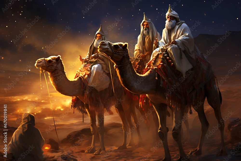 The three wise men on their camels, Reyes Magos concept - obrazy, fototapety, plakaty 