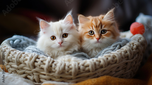 cute fluffy long-haired cats on a knitted blanket in a wicker basket, kittens, pets, domestic, postcard, wallpaper, animal, care, eyes, whiskers, wool, comfort, home, portrait, feline