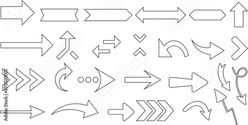 arrow icons vector illustration, showcasing diverse arrow designs. Ideal for web design, graphic design. Features straight, curved, dotted, solid arrows in various shapes