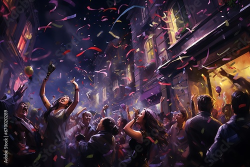 crowd of people dancing in concert, with confetti falling from the sky