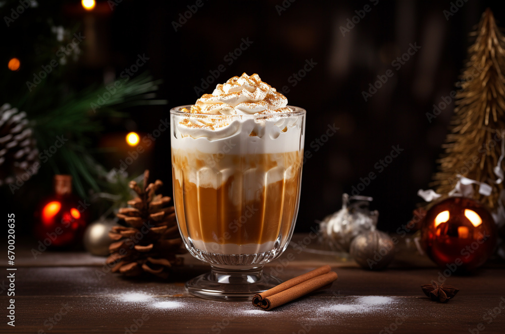 Christmas latte in a transparent glass with cloves and cinnamon Christmas latte in a transparent glass with cloves and cinnamon