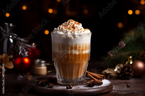 Christmas latte. Gingerbread latte. Coffee with whipped cream and spices