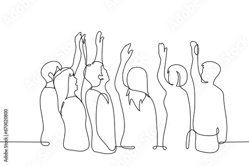 group of people standing with their hands raised - one line art vector. concept voting, roll call