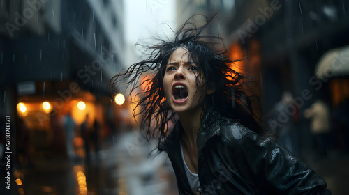 femme qui se retourne en criant dans une rue sous la pluie