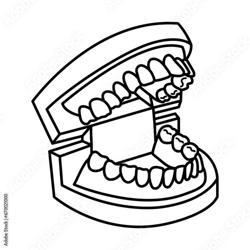 Jaw with teeth. Open mouth dental model. Linear doodle icon. Corrective Orthodontics. Dental care.