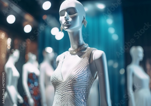 Mannequin dress elegant shiny view. Girl party ornament art glamour. Generate Ai