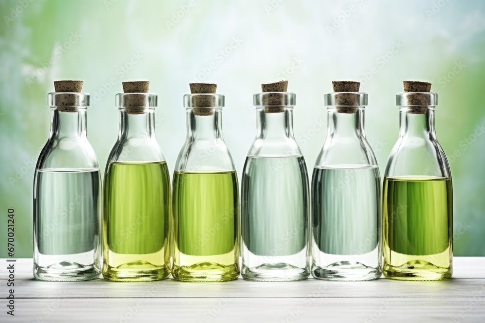 transparent bottles of eco-friendly cleaning liquid