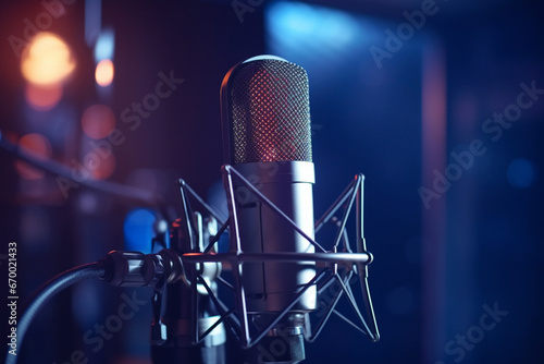 Pan shot of a professional microphone for dubbing and voice over in the sound recording studio, Close up, podcasting concept photo