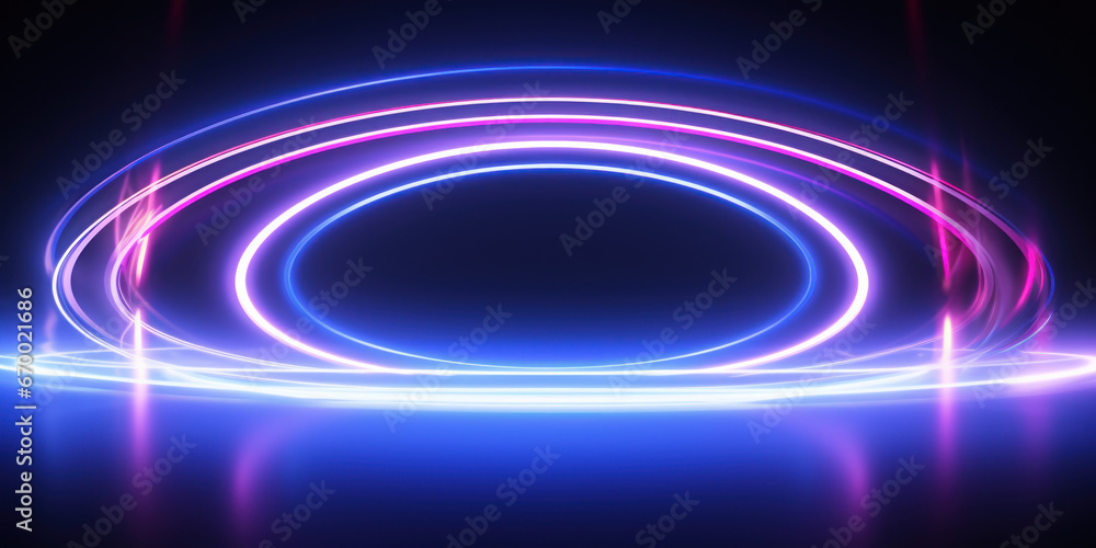 A luminous neon circle dominates the dark scene, its undulating lights. A luminous neon circle dominates the dark scene, its undulating lights.