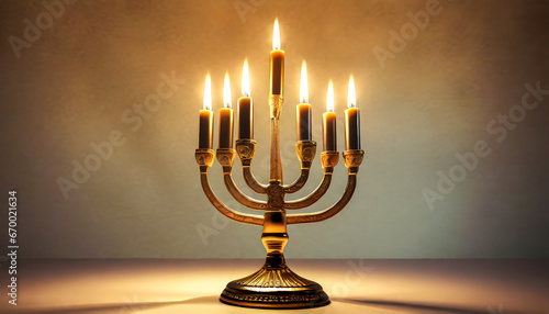 Jewish holiday Hanukkah background with menorah and candles.