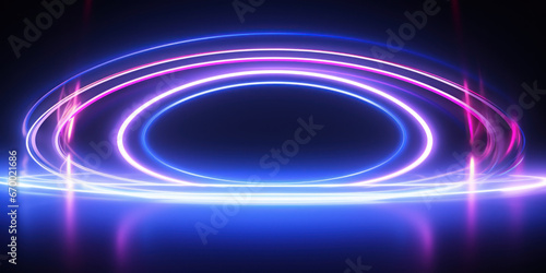 A luminous neon circle dominates the dark scene, its undulating lights.