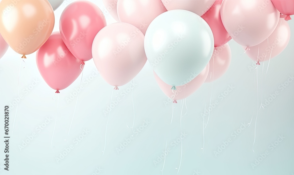 A lively celebration scene with colorful pastel balloons.