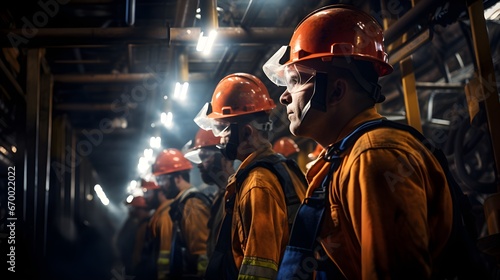 Safety gear in action, medium-angle shot of workers in full protective attire, with helmets, goggles, and gloves on, underscoring the priority of safety in manufacturing environments.