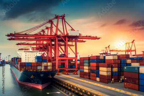 Container ships support cargo transport and import/export trade around the world through a global network. Logistics, business growth and business success concept.