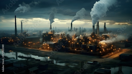 Industrial expanses, high-angle shot of sprawling industrial landscapes, with smoking chimneys and interconnected units painting a picture of manufacturing might. © Cassova