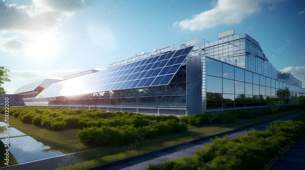 Green manufacturing in focus, wide-angle shot of a solar-powered factory exterior, with solar panels gleaming under the sun, signaling the move towards sustainable production. - obrazy, fototapety, plakaty 