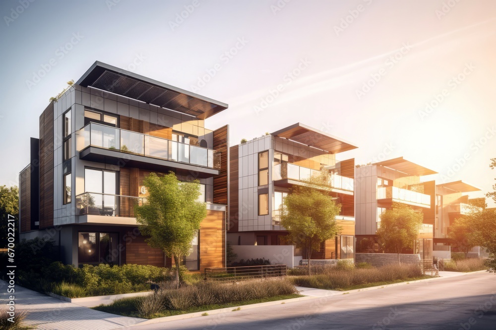 Modern eco friendly homes at morning sunrise. Apartment home sun industry living. Generate Ai Modern eco friendly homes at morning sunrise. Apartment home sun industry living. Generate Ai