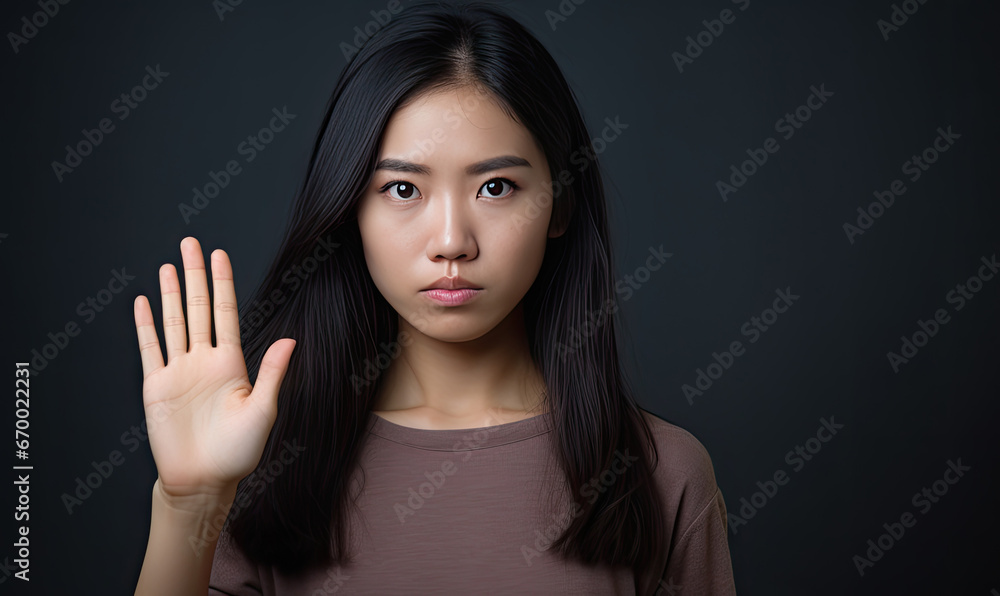 Asian woman with a firm stop hand signal. Asian woman with a firm stop hand signal.