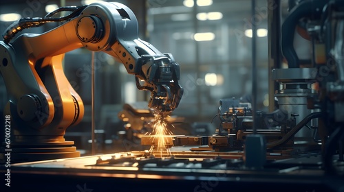Robotic arm precision, medium shot of a robotic arm picking and placing components, its movements crisp and exact, showcasing automation's role in modern manufacturing.