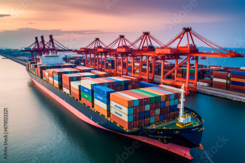 Container ships support cargo transport and import/export trade around the world through a global network. Logistics, business growth and business success concept.