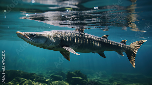 sturgeon swims in river