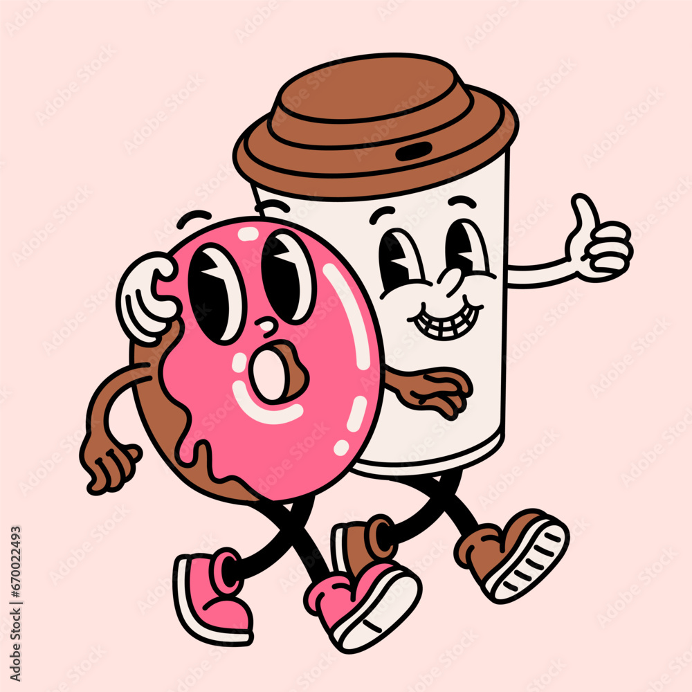 Retro style Funny cartoon donut and coffee cup. Groovy vintage 70s coffee and cookie characters walking arm in arm Retro style Funny cartoon donut and coffee cup. Groovy vintage 70s coffee and cookie characters walking arm in arm