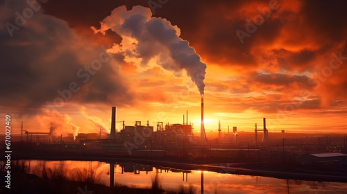 Dawn over industrial expanse, panoramic shot of sprawling factories silhouetted against a fiery sunrise, a testament to human ingenuity and industrial prowess.