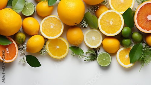 Citrus assortment of grapefruit with lemons and orange. Delicious vitamin composition of orange fruits. Healthy eating and diet food, banner on a white background. photo