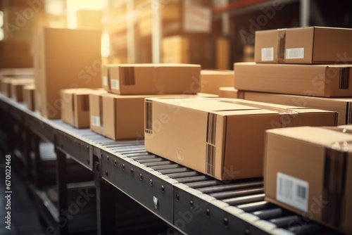 Warehouse Logistics: Close-up of Carton Boxes on Conveyor Belt for Product Storage
