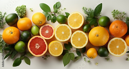 Citrus assortment of grapefruit with lemons and orange. Delicious vitamin composition of orange fruits. Healthy eating and diet food, banner on a white background.