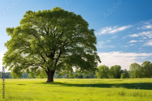 a big  shady tree in a soft sunlit meadow