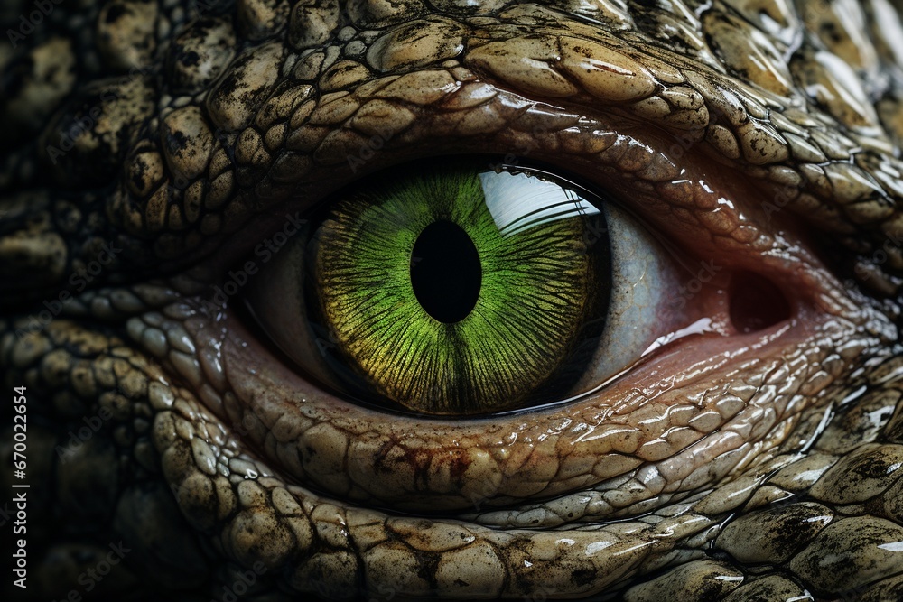 Fototapeta premium Reptilian Intensity: Macro Shot of a Crocodile's Eye