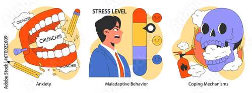 Neurosis set. Chronic stress and anxiety mental disorder. Character feeling despair, suffering from panic attack. Psychotherapy and pharmacotherapy treatment. Flat vector illustration