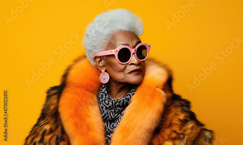 Elegant elderly black woman in fur coat.