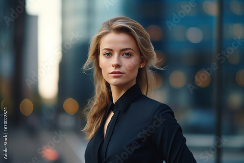 Portrait of a confident young businesswoman standing against an urban background