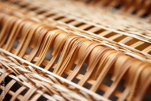 close-up of a nearly complete wicker basket on a loom