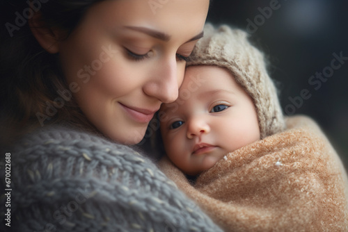 Portrait of a Cute Baby in the arms of mother, Intimate Moment Between New Mother and Infant Showing Motherly Love, Tenderness, and Unconditional Affection