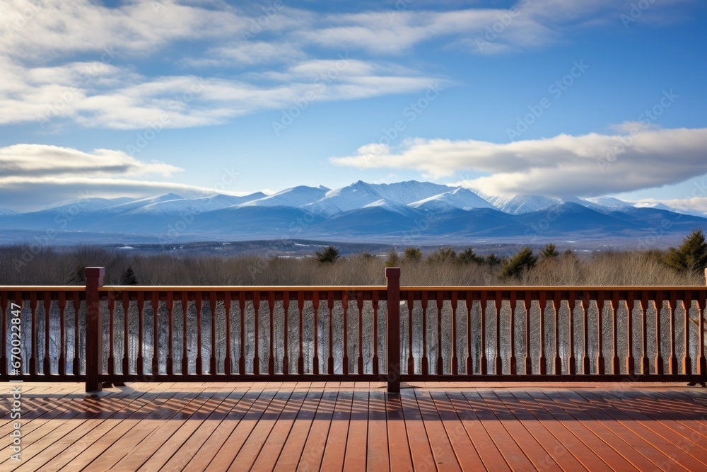a deck with carved railings and a panoramic mountain view