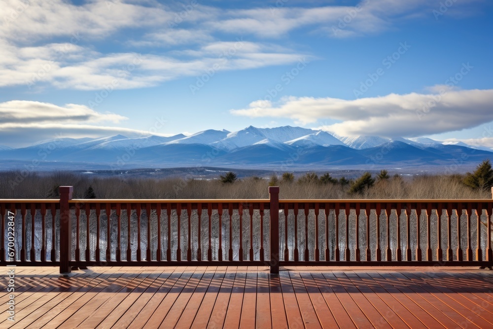 a deck with carved railings and a panoramic mountain view a deck with carved railings and a panoramic mountain view