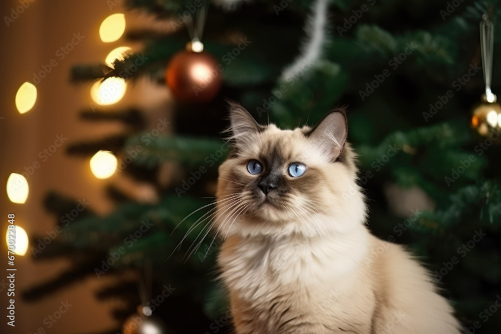 Niedliche Katze zuhause vor dem Weihnachtsbaum