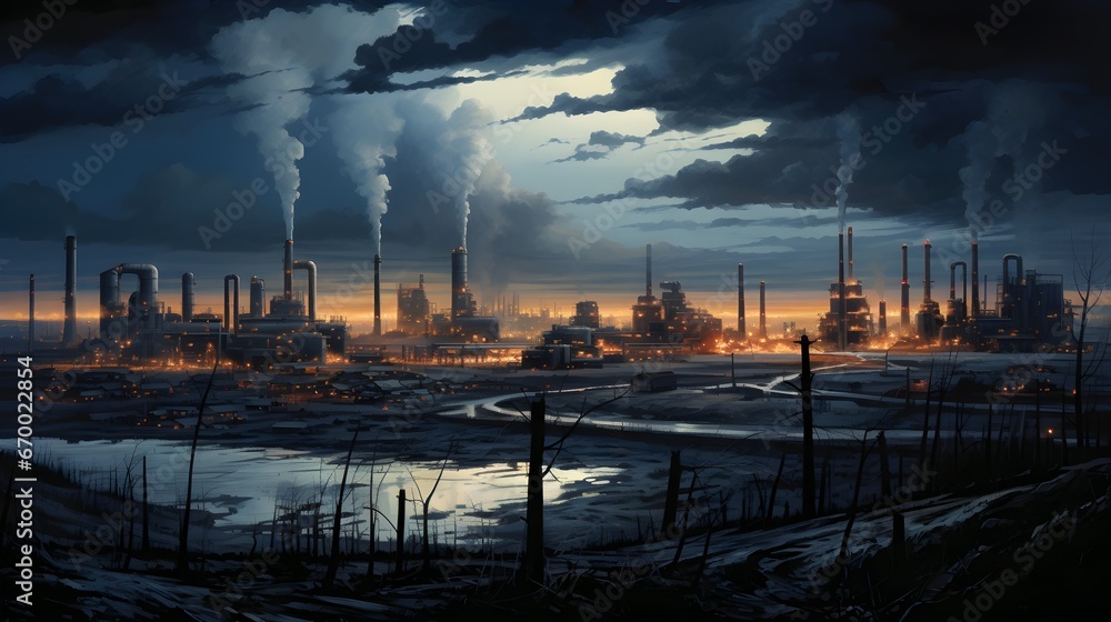 Industrial expanses, high-angle shot of sprawling industrial landscapes, with smoking chimneys and interconnected units painting a picture of manufacturing might.