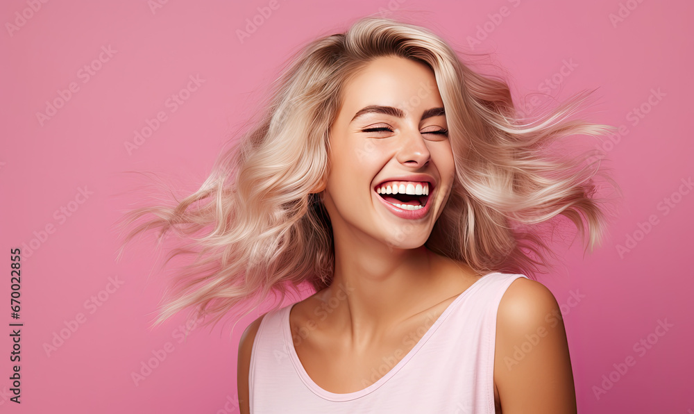 Woman's laughter and dynamic hair movement.