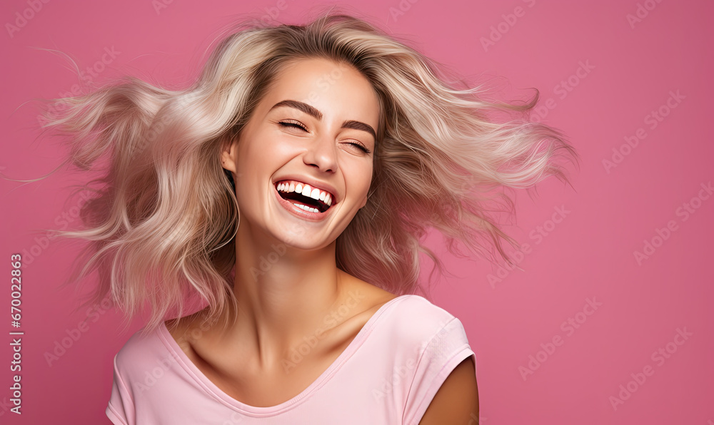 Woman's laughter and dynamic hair movement.