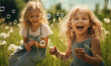 Joyful sisters chase shimmering bubbles in a vibrant field.